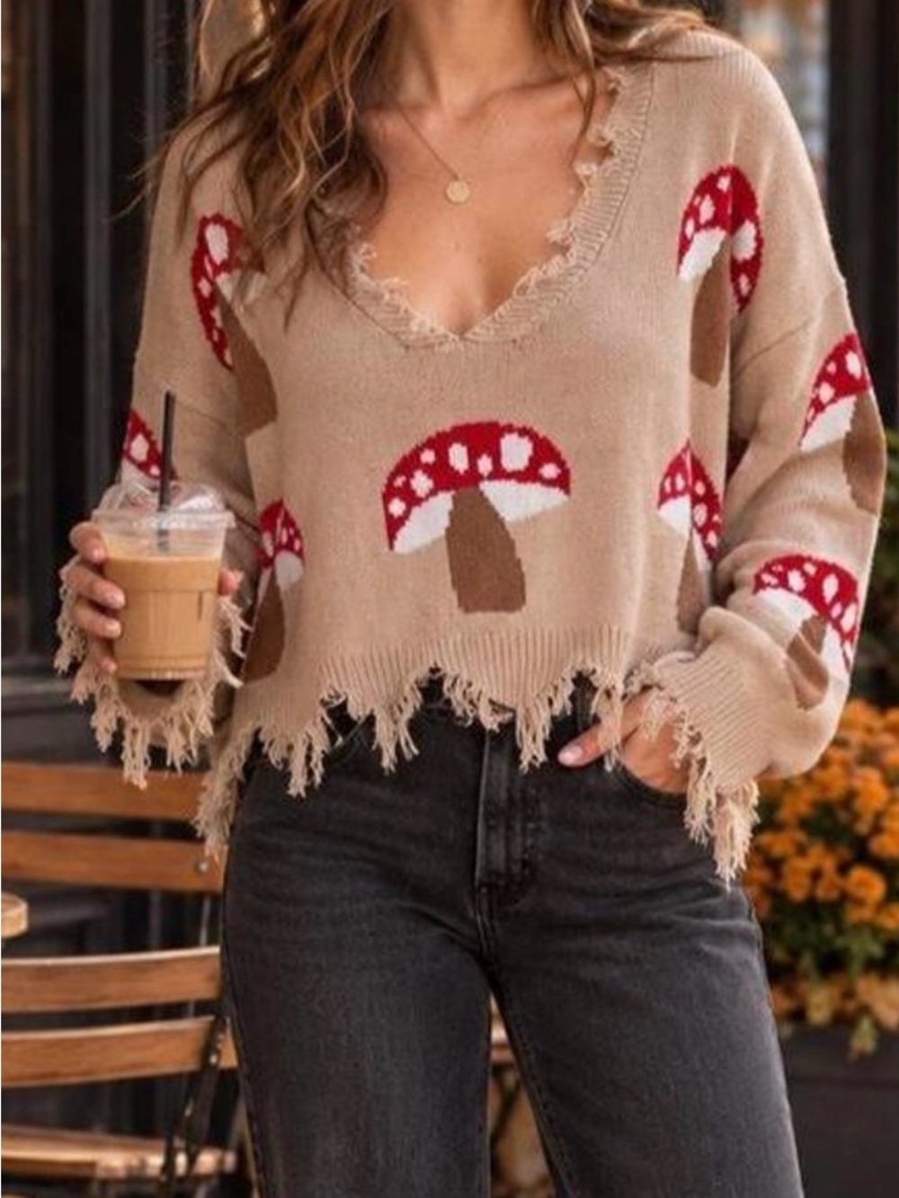 rue21 Beige V-Neck Mushroom Print Distressed Sweater with Red Accents Large
